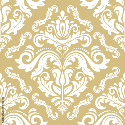 Damask classic white and golden pattern. Seamless abstract background with repeating elements