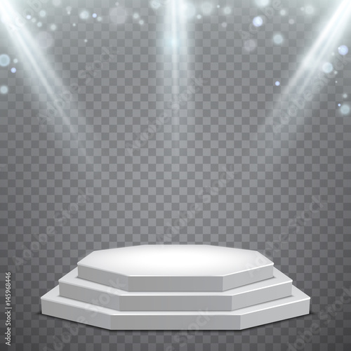 Octagonal podium with light blue illumination, vector template on simple background