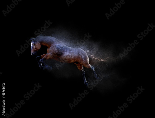 A horse moving and jumping with dust particle effect on black background, 3d illustration © mrjo_7