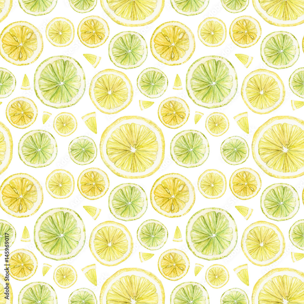 Watercolor seamless pattern with citrus fruit slices: lemon, lime. Summer repeating background isolated on white