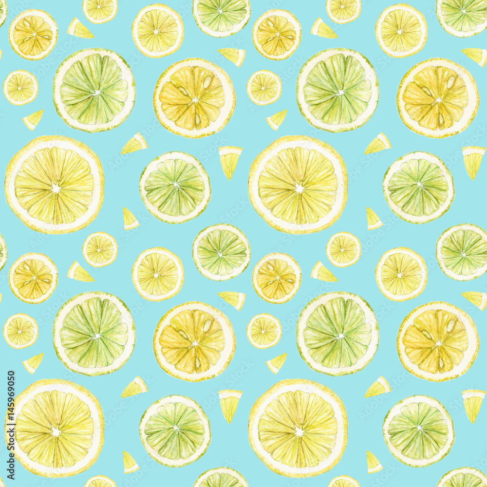 Watercolor seamless pattern with citrus fruit slices: lemon, lime. Summer repeating background on bright blue