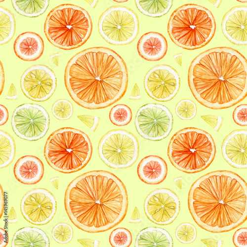 Watercolor seamless pattern with citrus fruit slices: orange, lemon, lime, grapefruit. Summer repeating background 