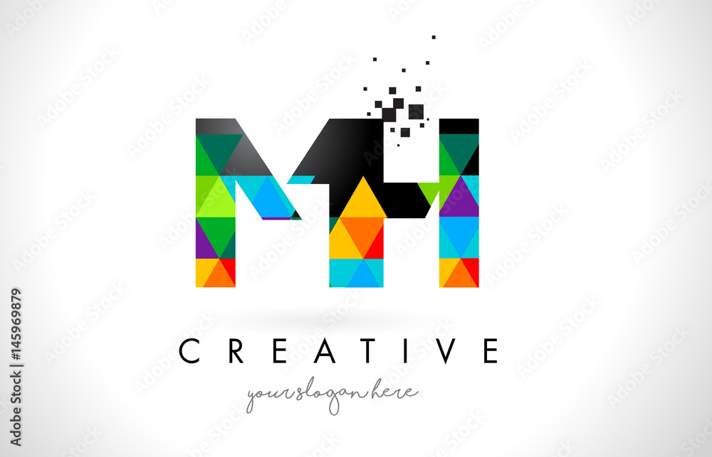 MH M H Letter Logo with Colorful Triangles Texture Design Vector.