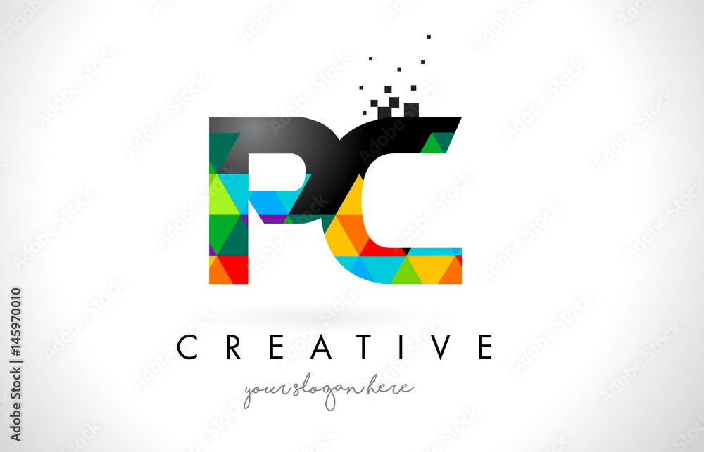 PC P C Letter Logo with Colorful Triangles Texture Design Vector.