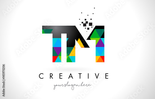 TM T M Letter Logo with Colorful Triangles Texture Design Vector.