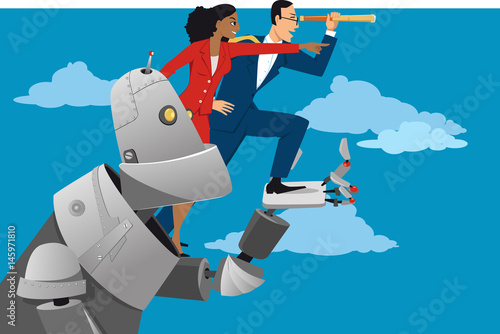 Giant robot holding business people, helping them to look further ahead, EPS 8 vector illustration