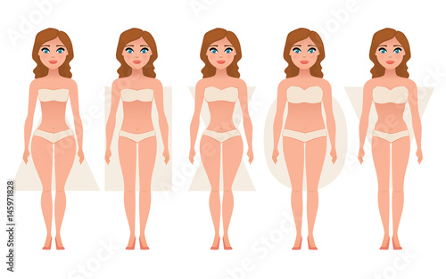 Female body figures. Woman shapes, five types: hourglass, triangle, inverted triangle, rectangle, pear/rounded. Vector illustration.