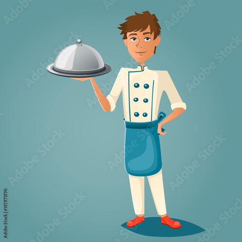 Chef cook character holds a tray. Vector illustration.