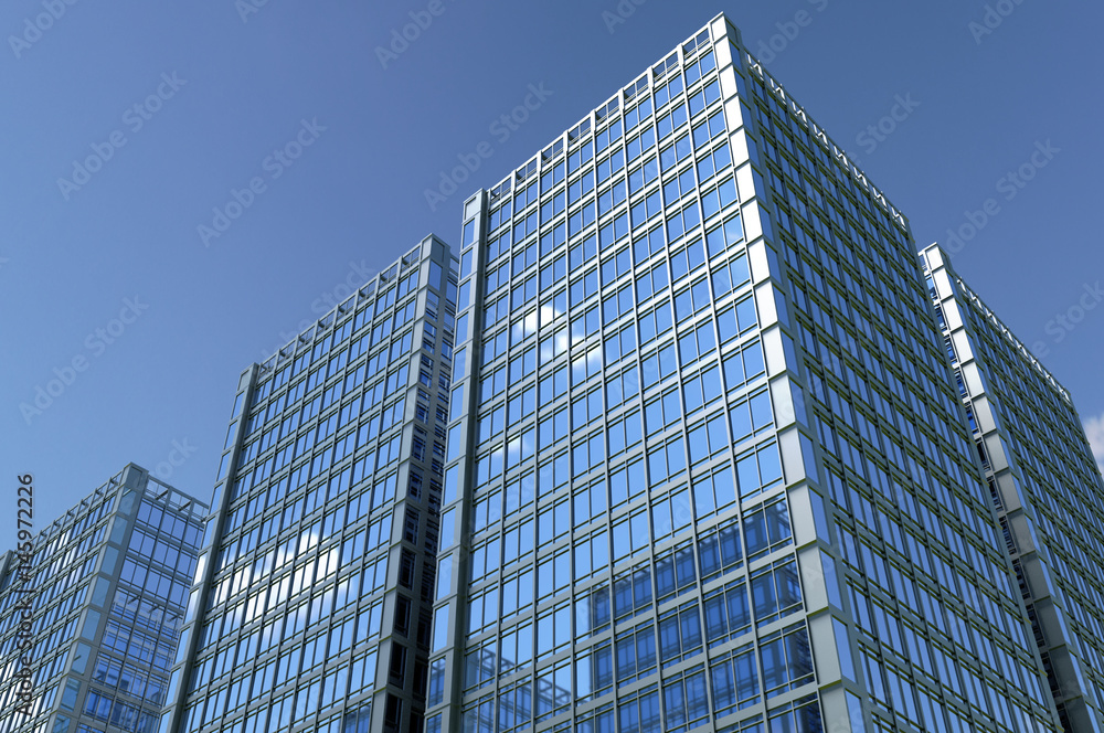 Abstract group of building with bright and clear sky both on background and reflecting on facade. 3D illustration.