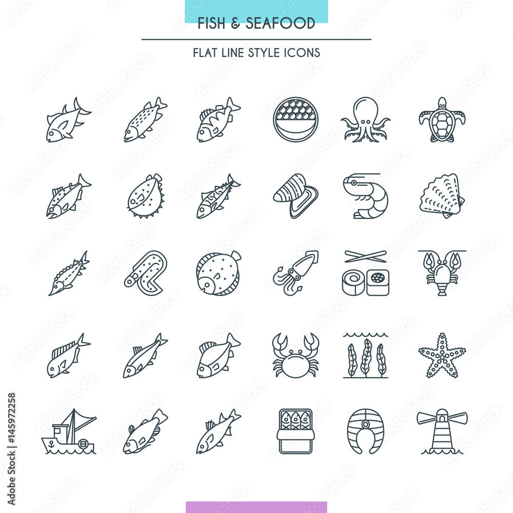 Fish and seafood thin icons