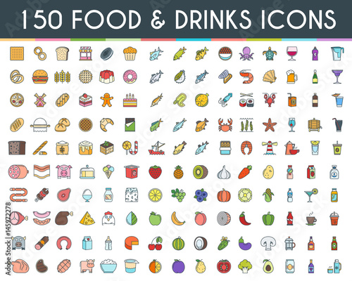 Food and drinks flat line icons