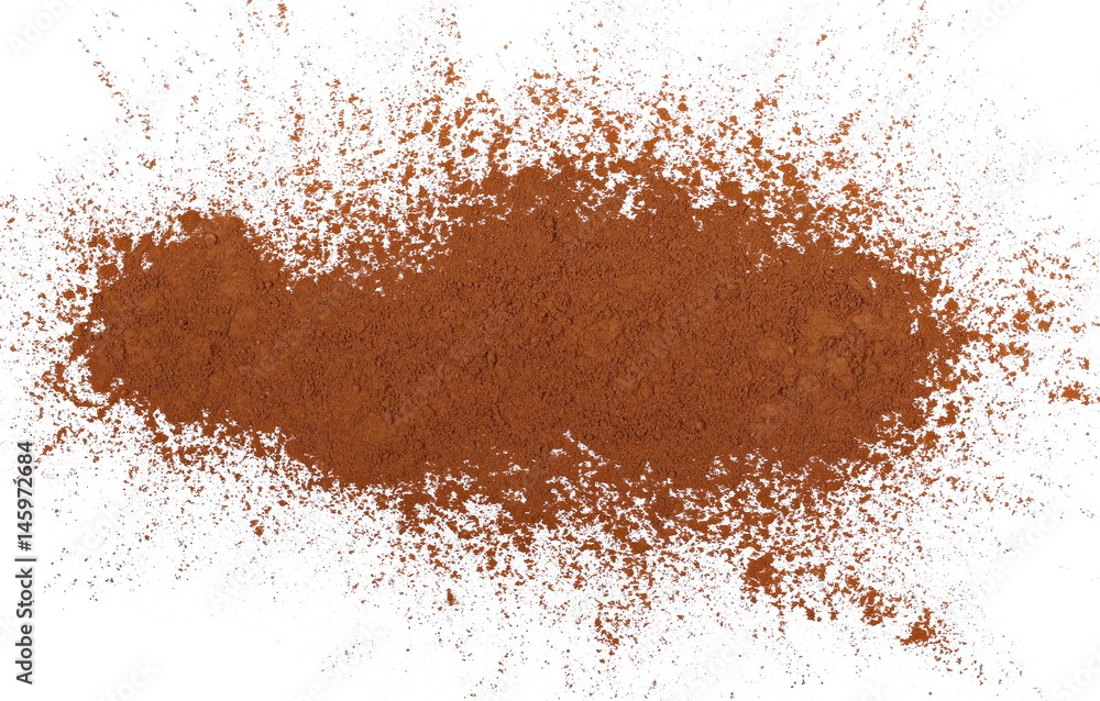 pile cocoa powder isolated on white background, with top view pile cocoa powder isolated on white background, with top view