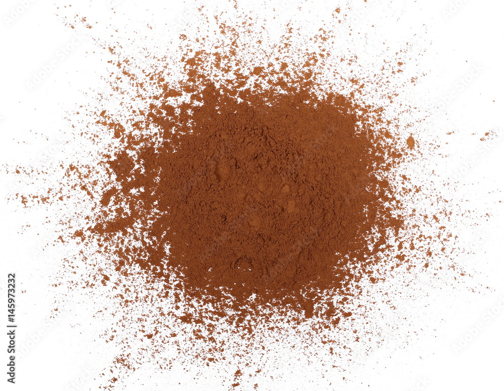 pile cocoa powder isolated on white background, with top view