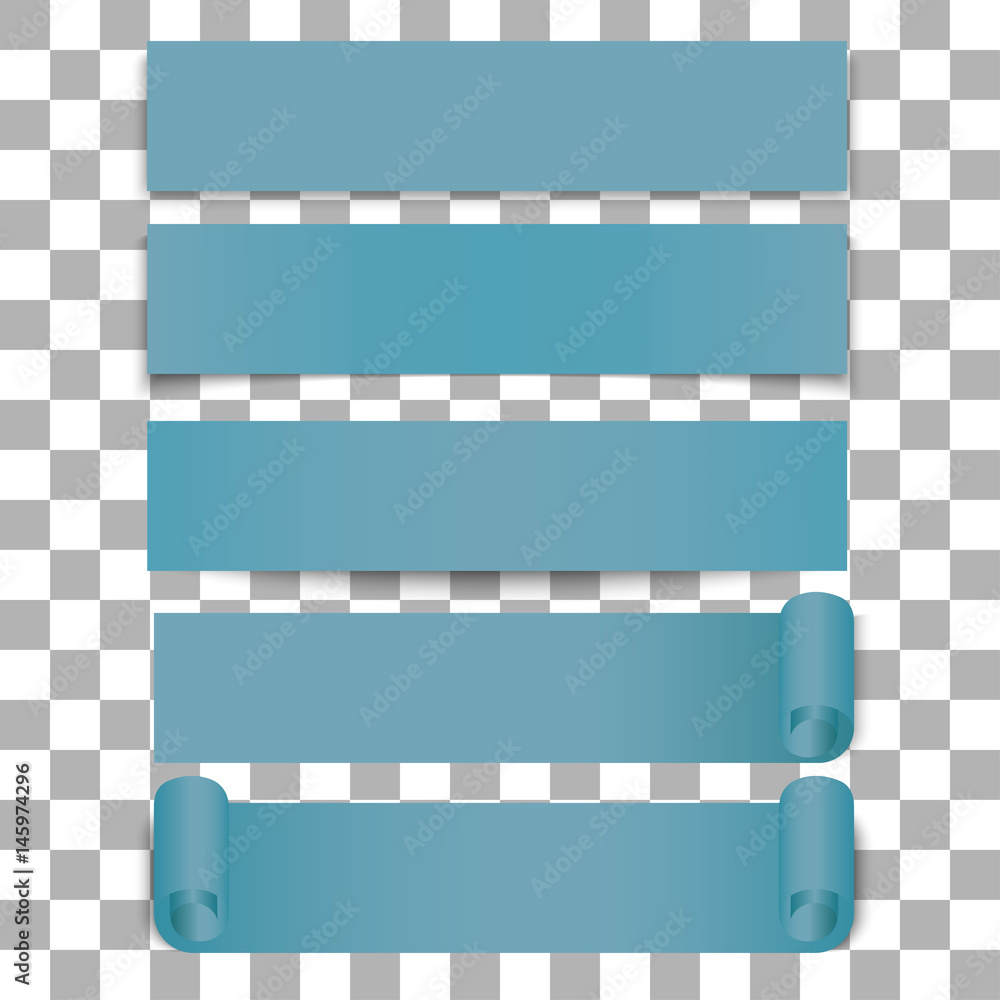Set of blue realistic banners. Blue, curved, paper banner isolated on transparent background. Vector illustration