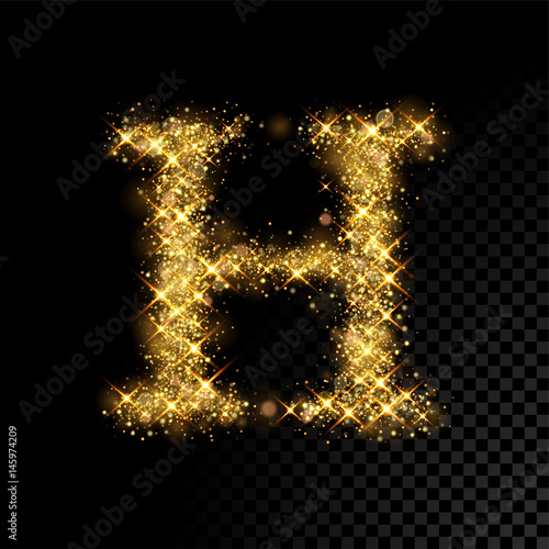 Gold glittering letter H on black background