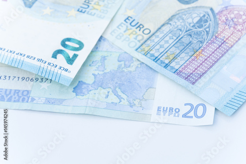 Close-up of Euro money - 20 euro banknotes on white background.