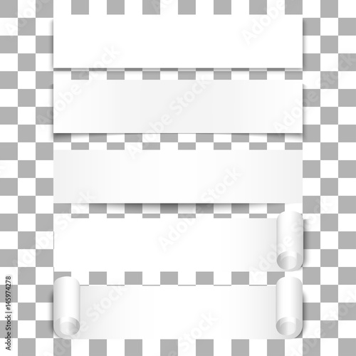 Set of white realistic banners. White, curved, paper banner isolated on transparent background. Vector illustration