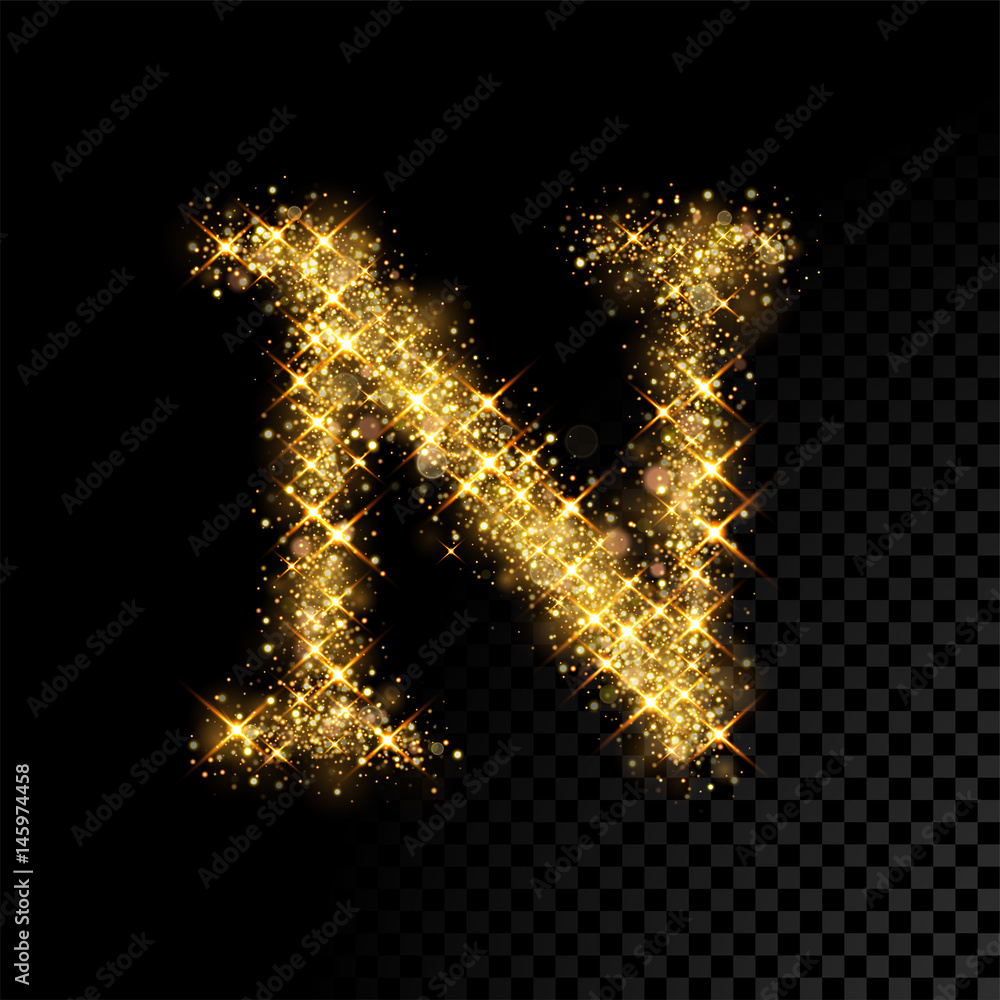Gold glittering letter N on black background