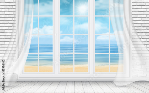 Interior of the room with a white brick wall and a window with view on the sea beach. Vector detailed travel and travel illustration.