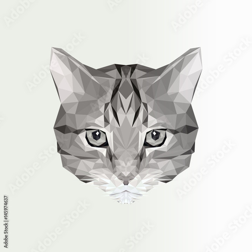 Vector illustration of low poly cat icon. Geometric polygonal cat silhouette. Animal illustration for tattoo, coloring, wallpaper, printing on t-shirts and graphic design logo, label, badge, emblem.