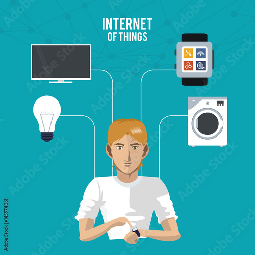 internet things man wearable technology entertainment watch tv machine watch home vector illustration