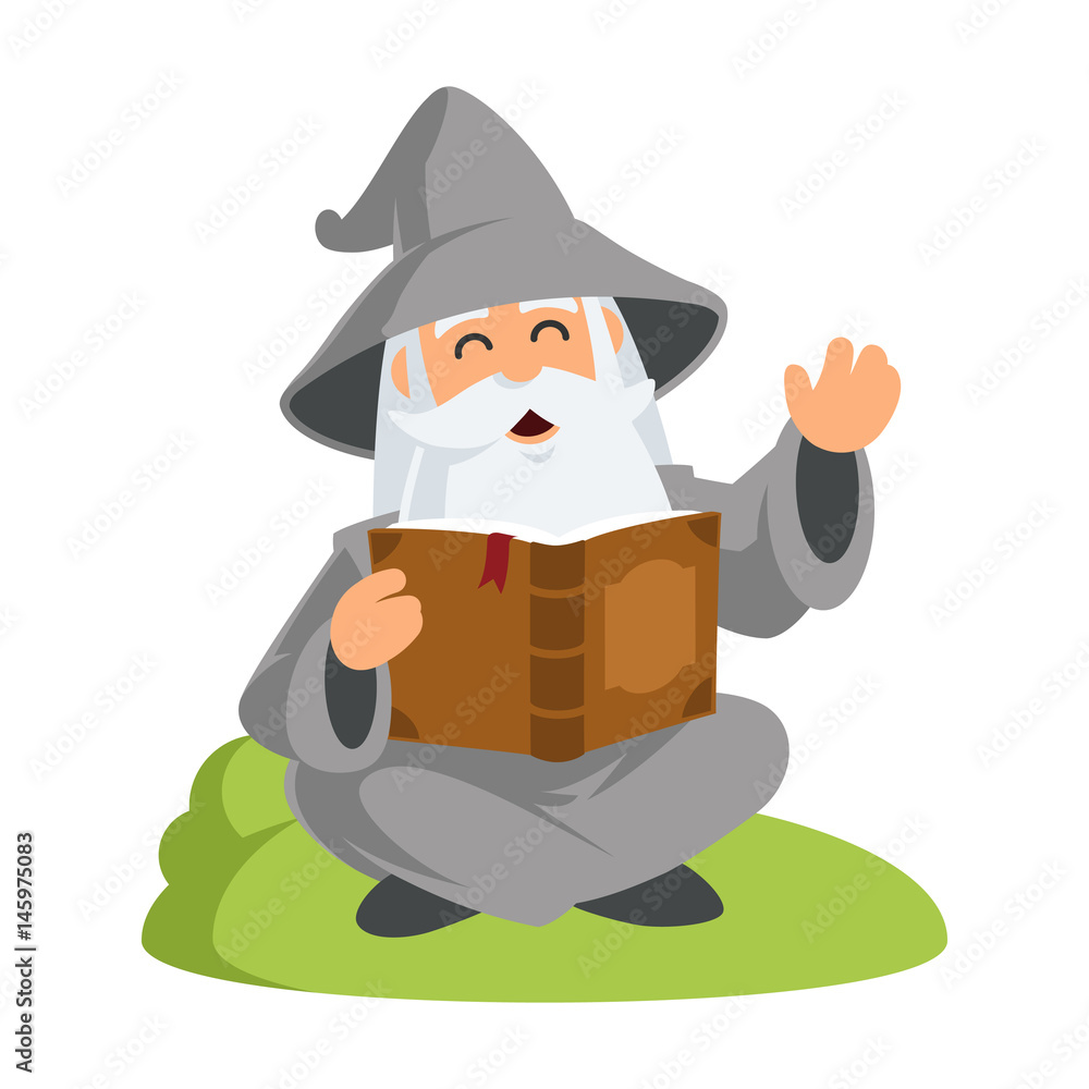 Friendly wizard, he is reading a book