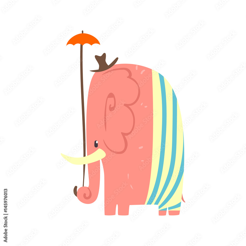 Cute pink cartoon elephant girl with umbrella and hat. Jungle animal colorful character vector Illustration Cute pink cartoon elephant girl with umbrella and hat. Jungle animal colorful character vector Illustration