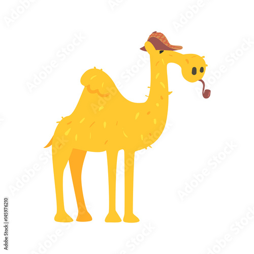 Cute cartoon camel in brown cap and smoking pipe. African animal colorful character vector Illustration