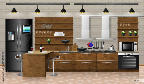 Modern interior of wooden kitchen