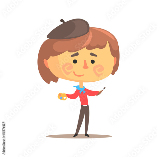 Cute cartoon artist little boy with paintbrush and art palette. Colorful character vector Illustration