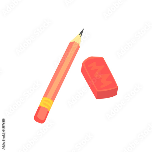 Red pencil and eraser. Artistic or school equipment colorful cartoon vector Illustration