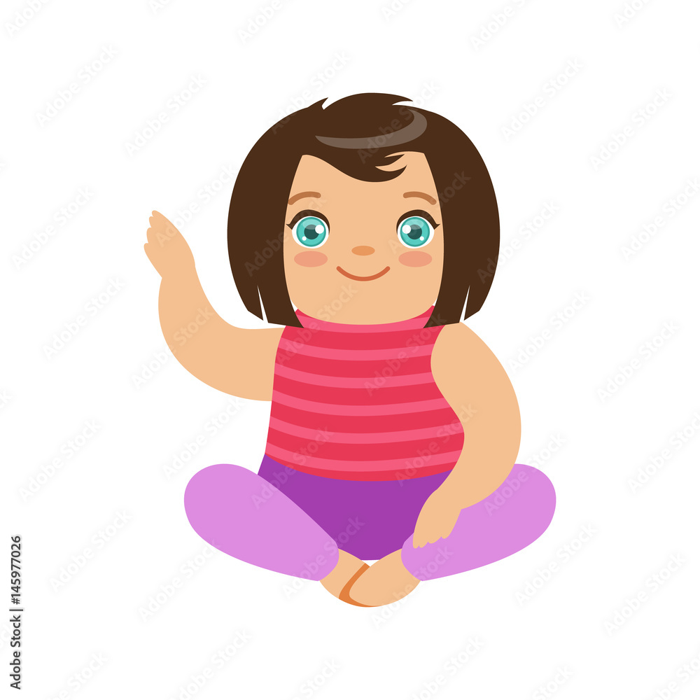 Smiling brunette baby girl with blue eyes sitting. Colorful cartoon character vector Illustration Smiling brunette baby girl with blue eyes sitting. Colorful cartoon character vector Illustration