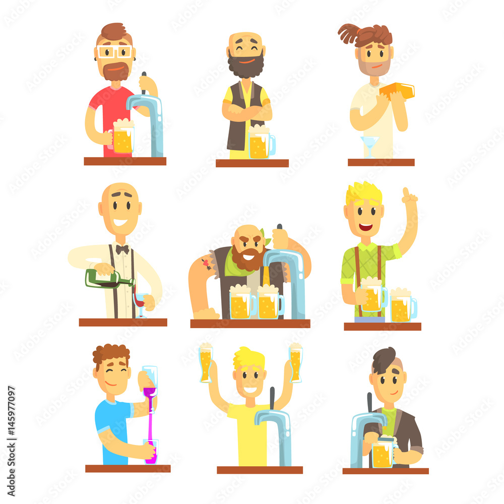 Barman mixing, pouring, opening and garnishing alcohol drinks set for label design. Colorful cartoon detailed vector Illustrations Barman mixing, pouring, opening and garnishing alcohol drinks set for label design. Colorful cartoon detailed vector Illustrations