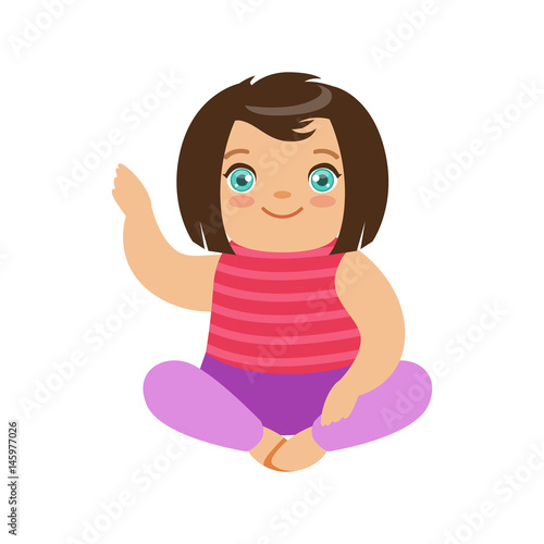 Smiling brunette baby girl with blue eyes sitting. Colorful cartoon character vector Illustration
