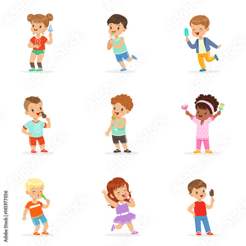 Cute little children eating ice cream. Happy children enjoying eating with their ice cream. Cartoon detailed colorful Illustrations