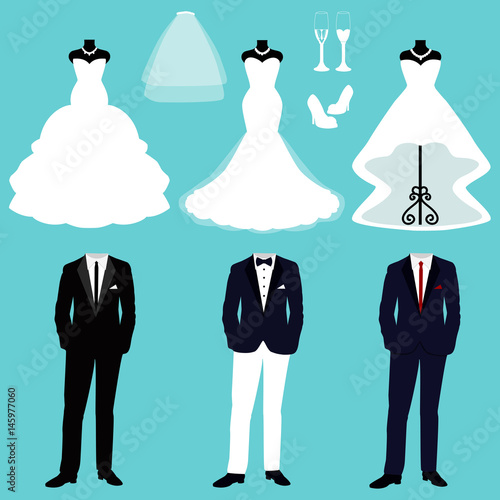 wedding dress and tuxedo.
