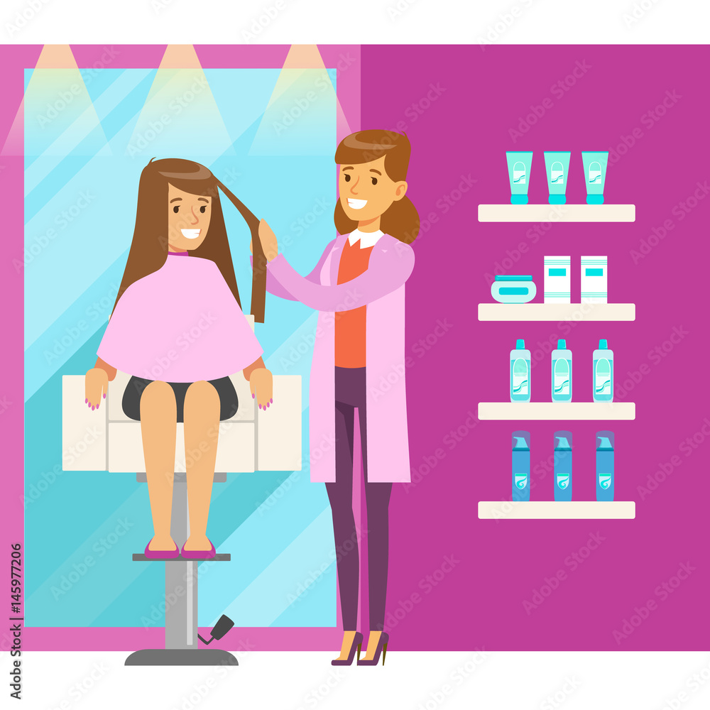 Young woman in hairdresser saloon having a haircut. Colorful cartoon character vector Illustration Young woman in hairdresser saloon having a haircut. Colorful cartoon character vector Illustration