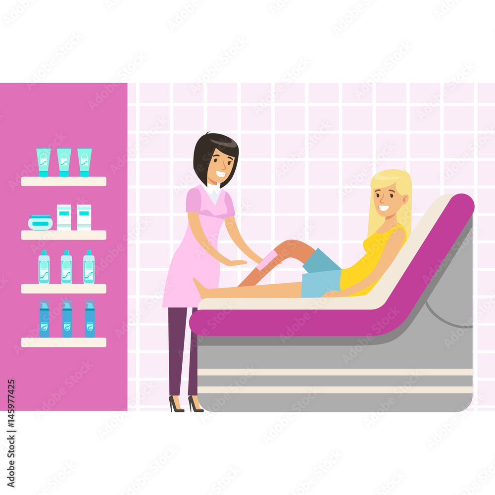 Obraz premium Beautician waxing woman leg at spa or beauty salon. Colorful cartoon character vector Illustration