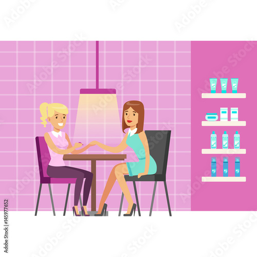 Girl doing manicure in beauty salon. Colorful cartoon character vector