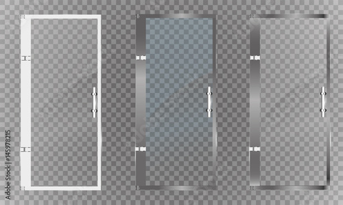 The glass door is made of plastic. Door plastic and glass. Door with iron handle. The door on a transparent background. Mall store glass doors for market and fashion boutique vector illustration