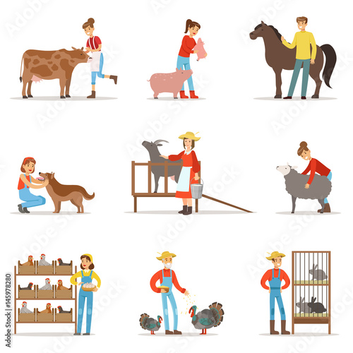 Breeding animals farmland. Farm profession worker people breeding livestock. Set of colorful cartoon detailed vector Illustrations