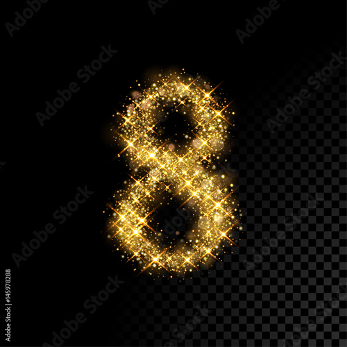 Gold glittering number Eight 8 on black background