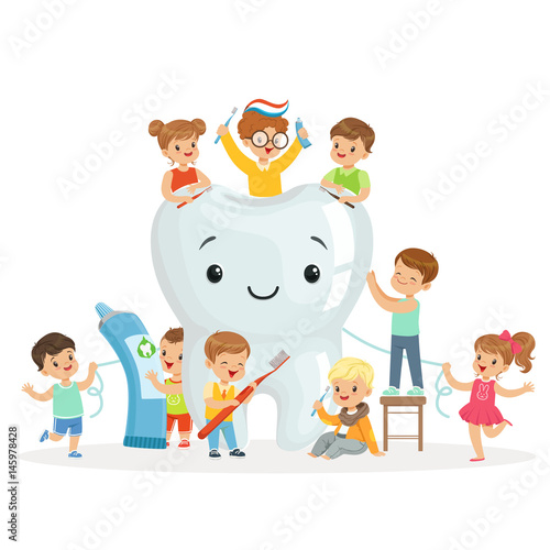 Little children take care of and clean a large, smiling tooth. Colorful cartoon characters