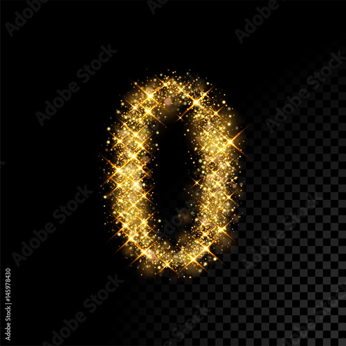 Gold glittering number 0 Zero on black background