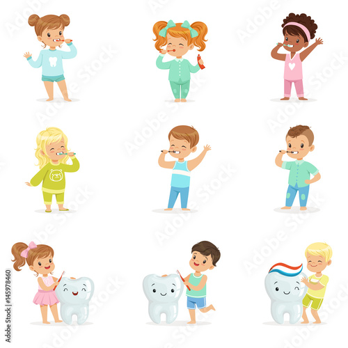 Cute little boys and girls brushing teeth. Colorful cartoon characters