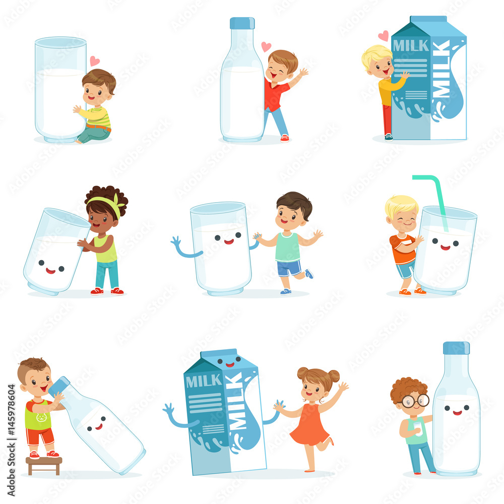 Smiling little children playing and dancing with large boxes, mugs and bottles of milk, set for label design. Colorful cartoon characters Smiling little children playing and dancing with large boxes, mugs and bottles of milk, set for label design. Colorful cartoon characters