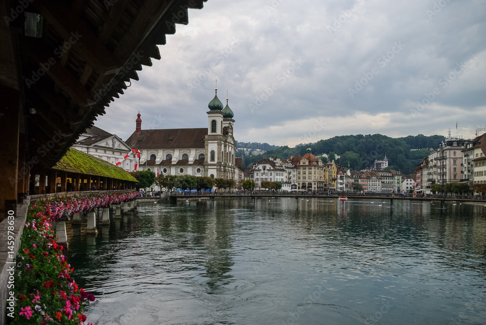 Famous Chapel Bridge in the historic city center of Lucerne, Canton of Lucerne, Switzerland
