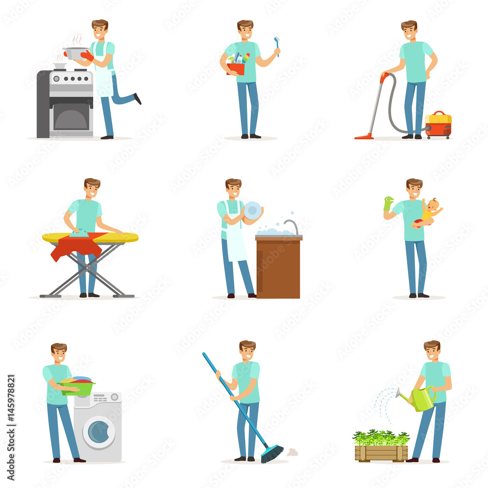 Happy househusband men cleaning their house, washing, ironing bringing up child. Set of colorful cartoon detailed vector Illustrations