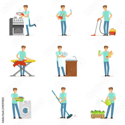 Wallpaper Mural Happy househusband men cleaning their house, washing, ironing bringing up child. Set of colorful cartoon detailed vector Illustrations Torontodigital.ca