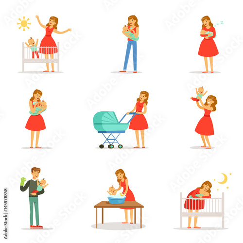 Mom and ad take care of their children set for label design. Colorful cartoon characters
